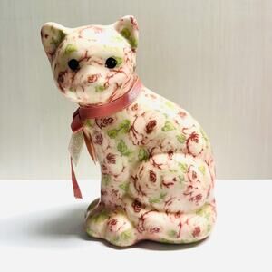 Vintage Joan Baker Porcelain Patchwork Cat Kitten Kitty Figurine Fabric Rose